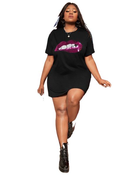 

sxy plus contrast sequin mouth pattern tee dress h6yj#, Black