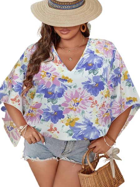 

plus floral print trumpet sleeve blouse f6hv#, Black