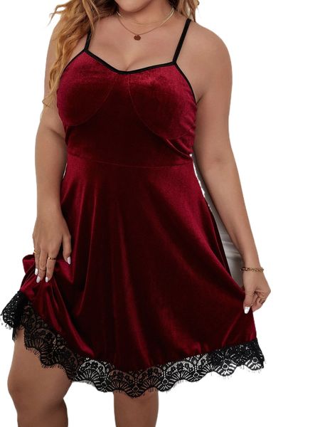 

plus eyelash lace panel contrast binding velvet bustier cami dress o77v#, Black