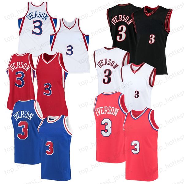 3 Allen Iverson Men Basketball Jersey 3 Vintage Preto Branco Vermelho Azul Equipe Cor Costura College Jersey Mens Kids