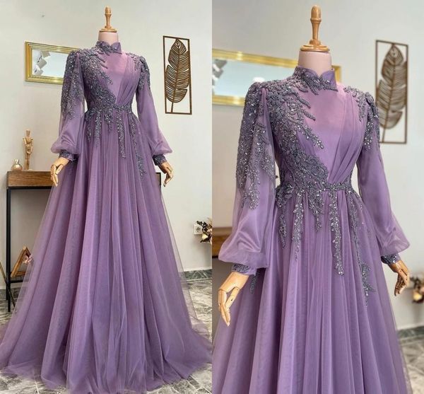 Púrpura Dubai Árabe Musulmán Vestidos de baile con mangas largas Cristales brillantes Vestidos de noche con cuentas Pliegues de cuello alto Caftán marroquí Robe de Soiree