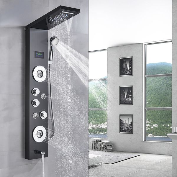 Schwarzer Badezimmer Dusche Wasserhahn LED -Duschplatte Säule Badewannenmischer Tippen Sie mit Hand Sparyer Temperatur -Bildschirmmassagesystem