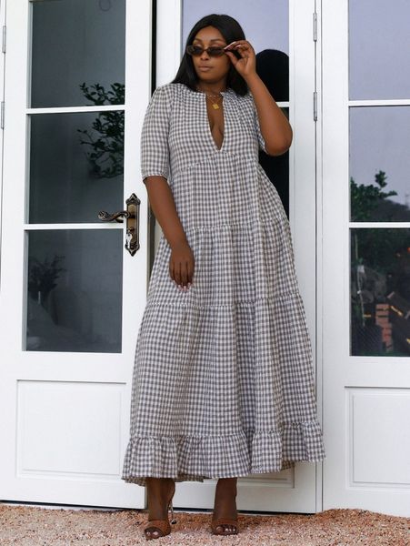 

seomiscky plus gingham print notched ruffle hem dress o8xx#, Black