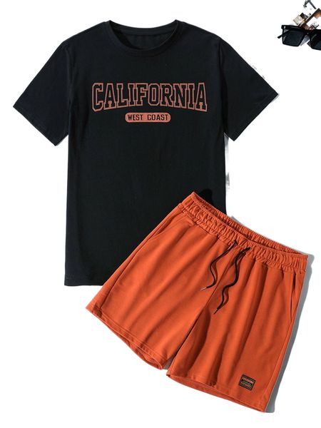

men letter graphic tee & patched drawstring waist shorts u1cz#, Gray