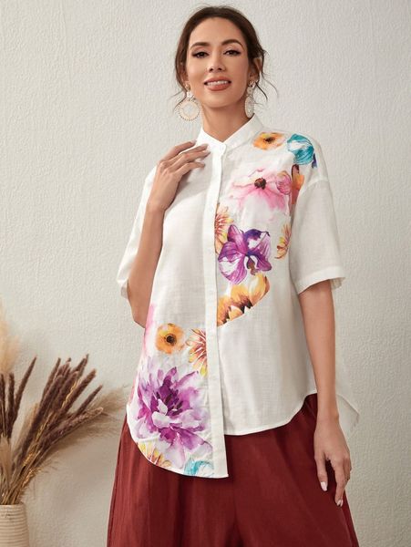 

floral print drop shoulder asymmetrical hem blouse h9n4#, White