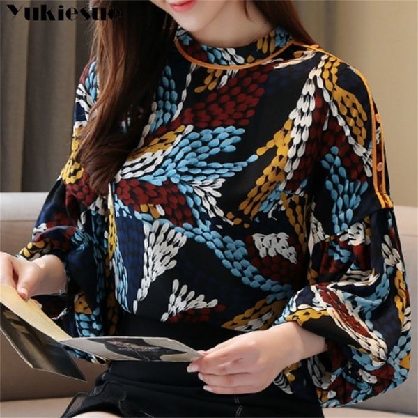 

summer fashion women blouse shirts long sleeve floral printed chiffon turtleneck formal women white black shirts plus size 210412