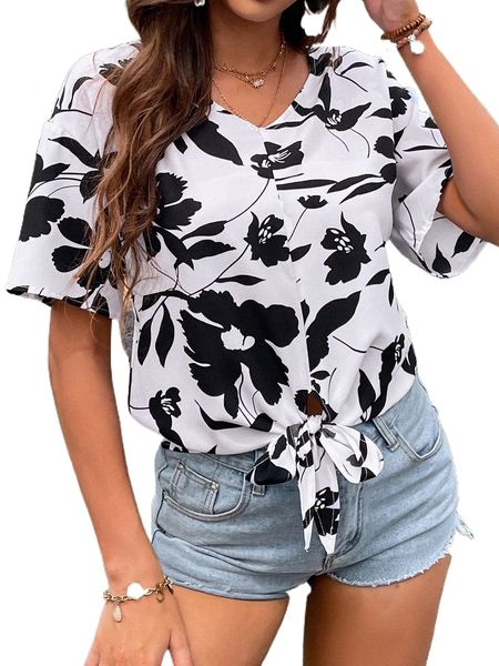 

floral print drop shoulder knot hem blouse l5vb#, White