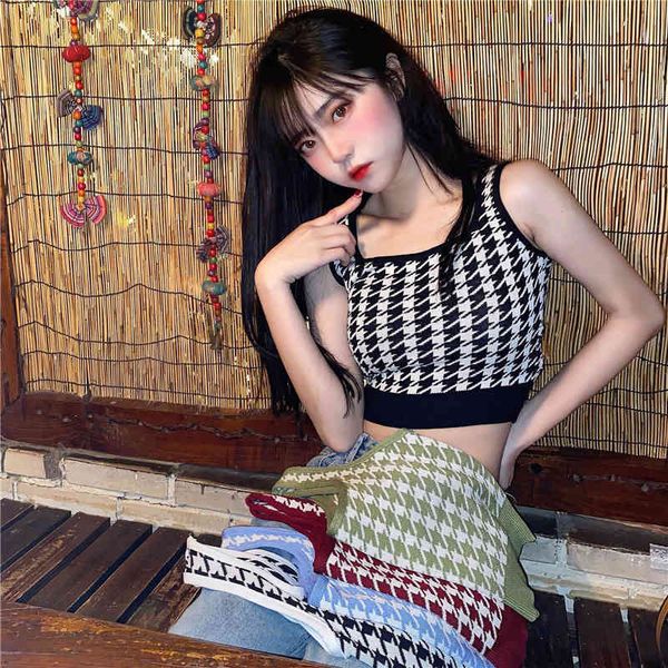 

plaid knitted suspender to short summer new fashion casual slim women's simple and comfortable all-match vest, White