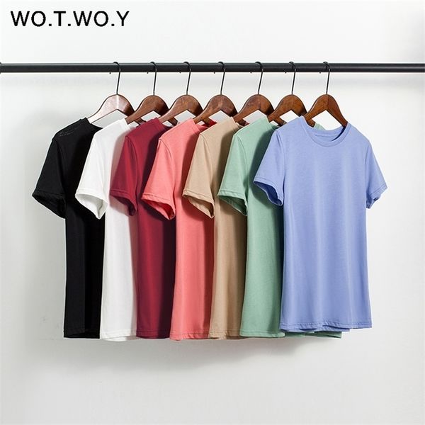 

wotwoy casual 7 color basic t shirt women knitted cotton solid tee shirt women short sleeve oneck harajuku tees femme 210320, White