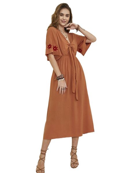 

rusttydustty floral embroidered tie front flutter sleeve dress 52wd#, Black;gray