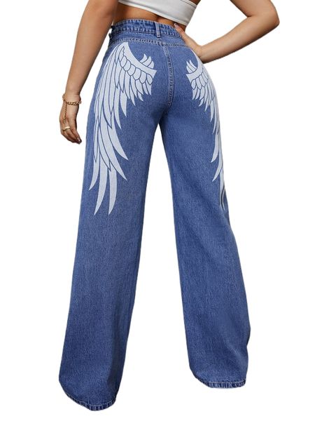 

wings print high waist jeans b4lg#, Blue