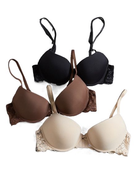 

3pack contrast lace super push up microfiber t-shirt bra set g6cd#, Black;red