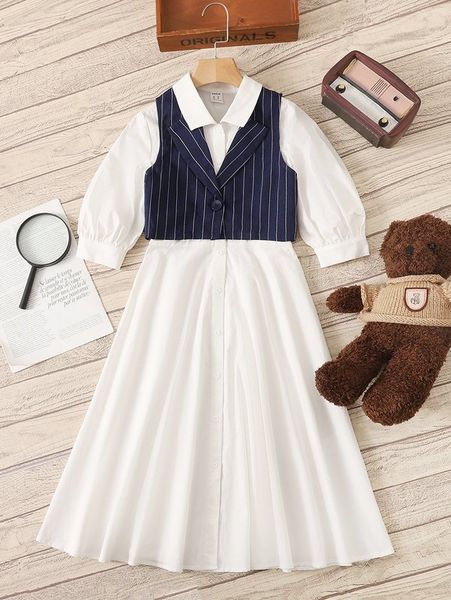 

girls striped vest blazer & dress she, White