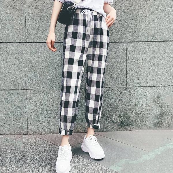 

women pants leisure ankle-length harem trousers elastic high waist pockets womens loose ulzzang all-match aa, Black;white
