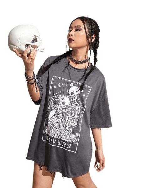 

romwe letter skull & floral graphic oversized tee c7k9#, White