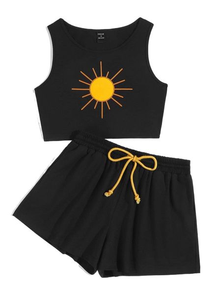 

x hanna dames sun print tank & drawstring waist shorts d1ts#, White