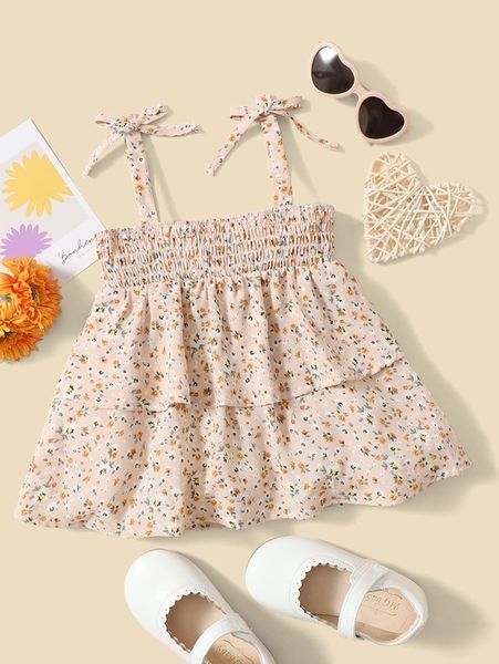 

baby ditsy floral shirred tie shoulder layered hem cami she, Blue