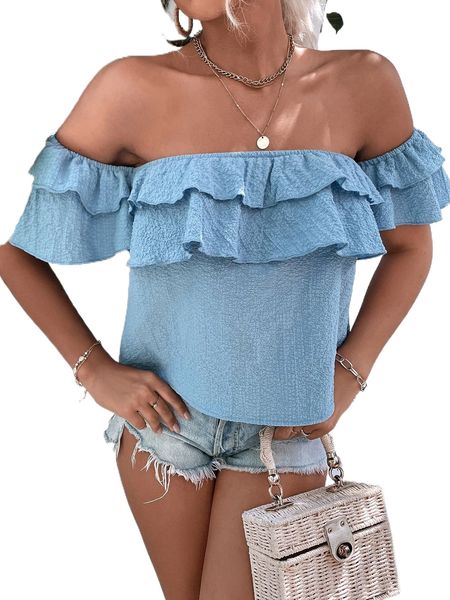 

off shoulder ruffle trim blouse h295#, White