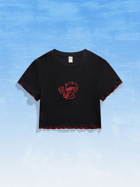 

romwe x rullirufi cartoon graphic contrast binding crop tee v0tb#, White