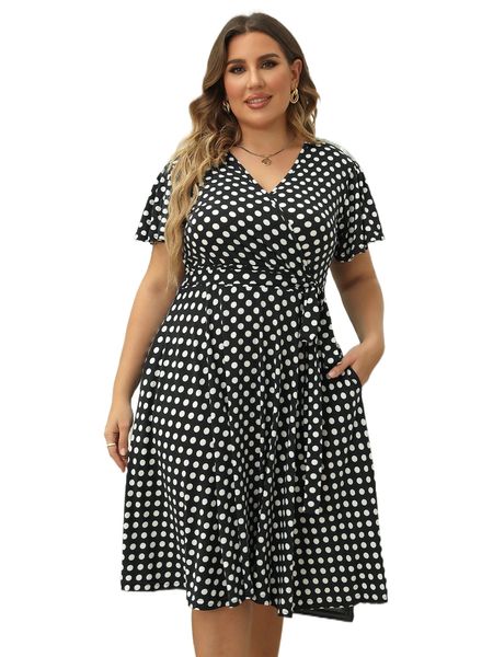 

plus dalmatian print butterfly sleeve belted dress y8wu#, Black