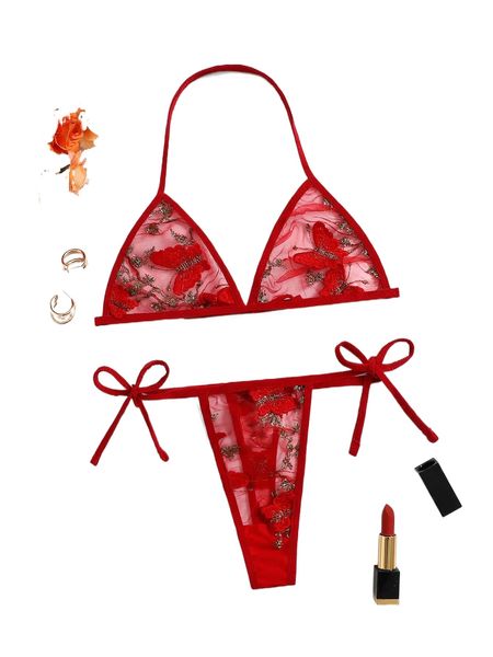 

floral embroidered mesh triangle lingerie set 977p#, Black;red