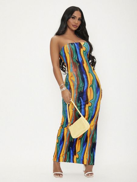 

sxy high split marbled print tube dress h0wh#, Black;gray