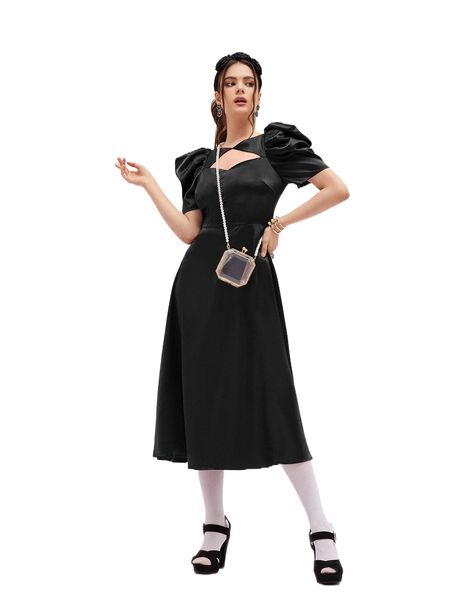 

keyhole neck puff sleeve dress without bag e2dz#, Black;gray