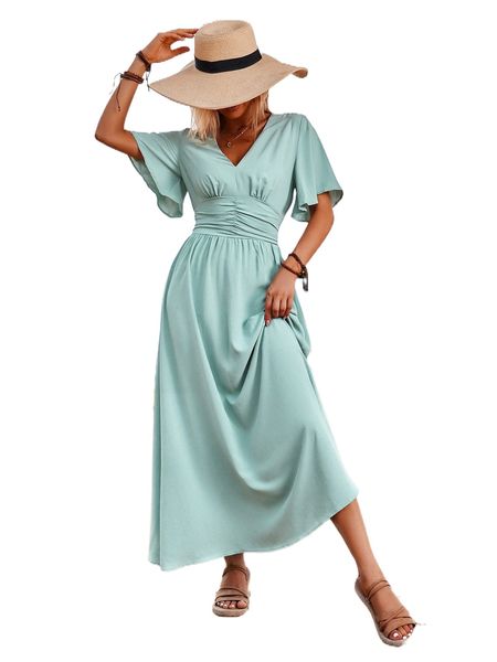 

flutter sleeve ruched shirred back dress k0d9#, Black;gray