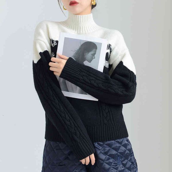 

women's knits tees black and white letters contrast color pullover high neck loose short sweater women's early spring style k2