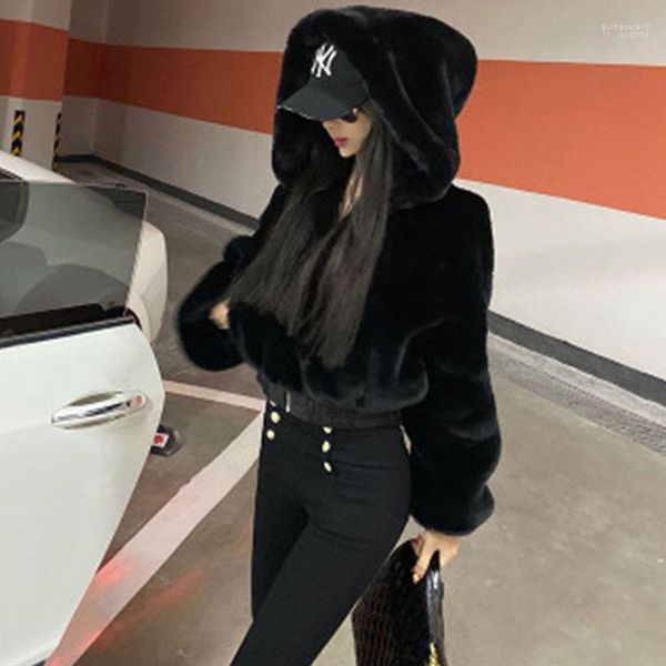 Parka da donna in piumino moda cappotto di pelliccia nero soprabito corto harajuku top con cappuccio zip a vita alta cappotti da donna punk streetwear finto Guin22