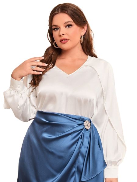 

plus v neck blouse y9gb#, Black