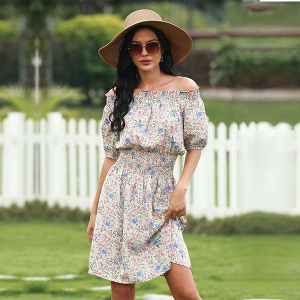 

casual dresses 2022 summer sweet slash neck print dress women high waist slim vintage floral short off the shoulder, Black;gray