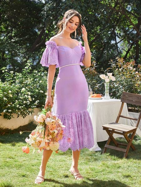 

flounce sleeve guipure lace ruffle hem dress without belt v8x9#, Black;gray