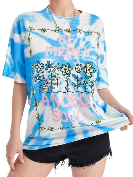 

tie dye & slogan graphic drop shoulder tee u4za#, White
