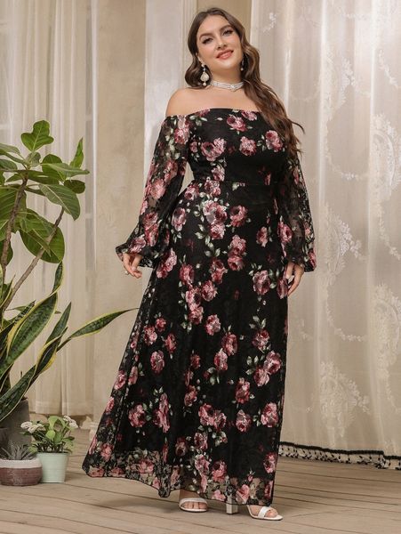 

plus floral print off the shoulder lace dress b6cn#, Black