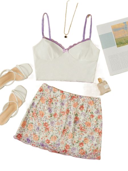 

lace trim bow front cami & floral print skirt set a2iw#, White