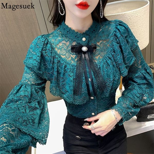 

elegant fashion lace bottoming women's shirt autumn hollow flower ruffle blouse bow beading long sleeve 6 colors blusas 16889 220407, White