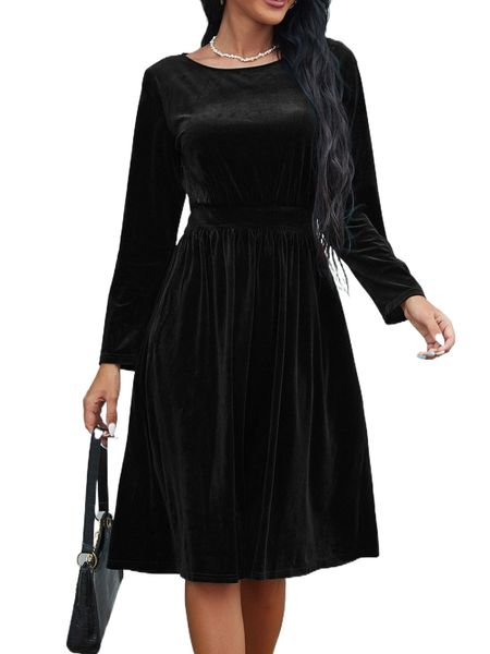 

solid velvet a-line dress v7hm#, Black;gray