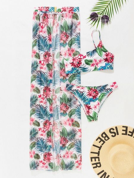 

3pack floral print one shoulder bikini swimsuit & beach skirt u5se#, White;black