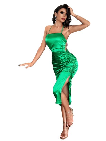 

criss-cross tie backless drawstring split thigh satin cami dress y6ws#, Black;gray