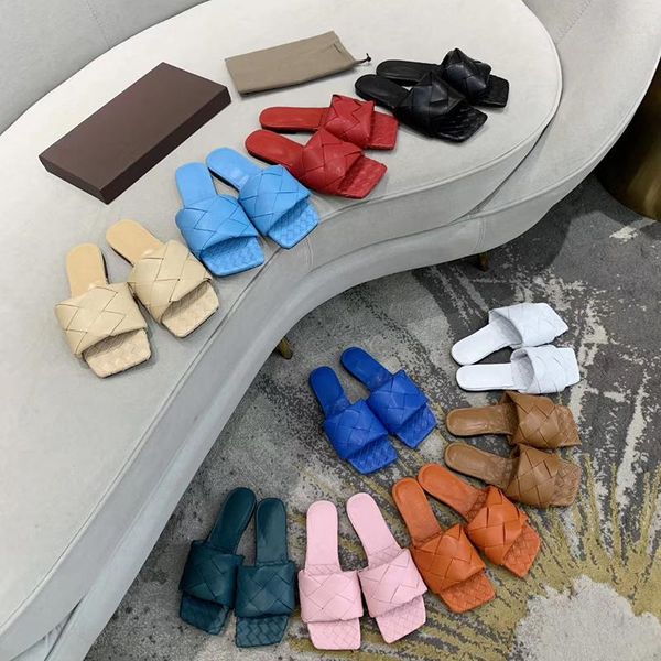 

designer women slippers woven square mouth sandals high heels flat leather slides exquisite wedding shoes quality, Black