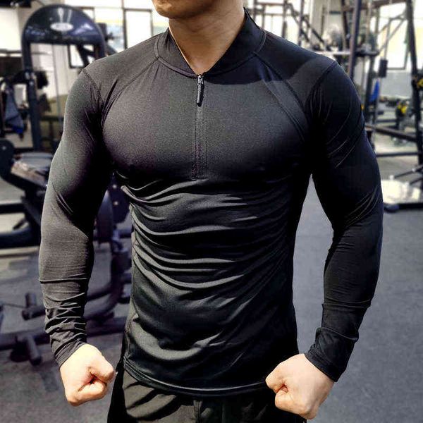 Camisa rápida de corrida seca Men Men Bodybuilding Sport T-shirt Longa de manga longa Ginásio de compressão Fitness Fitness Zipper Collar Outono Winter L220704