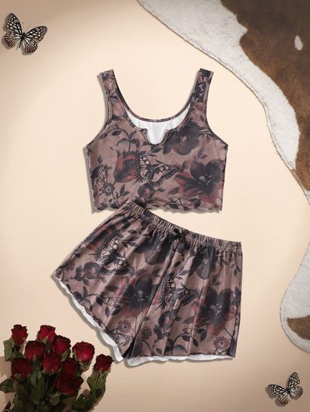 

romwe butterfly & floral print lettuce trim pj set o55p#, Black;red