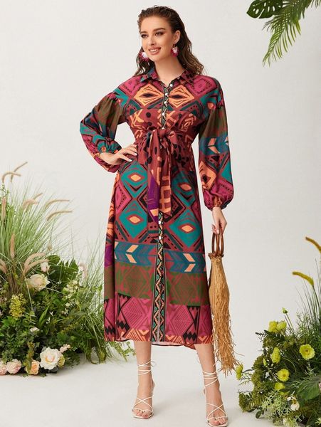 

geo print lantern sleeve tie front shirt dress s3ns#, Black;gray