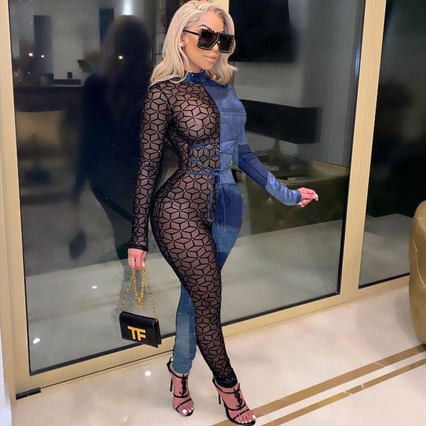 

leopard patchwork print bodycon jumpsuit women mesh sheer skinny lace up cross bandage romper one piece night club outfits, Black;white