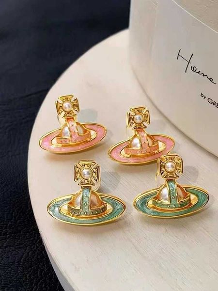 

designer fashion west empress dowager vivian saturn earrings designer pink retro pearl earrings women's light luxury niche premium summ, Golden;silver