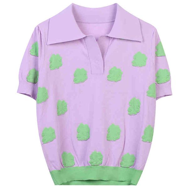 

women's sweaters knitwear 2022 summer contrast geometry embroidery lapel short sleeve casual pullover women's wear kq3a, White;black