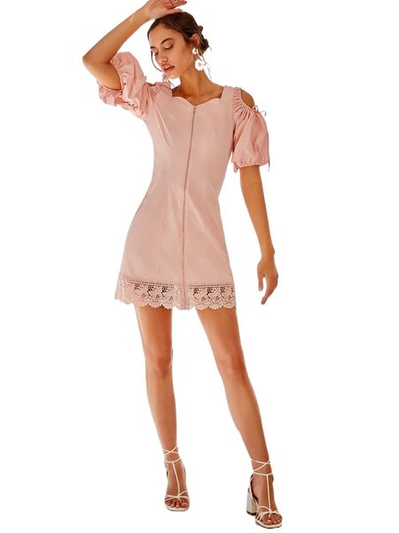 

x christian herrera guipure lace trim sweetheart neck zipper cold shoulder dress u1g5#, Black;gray