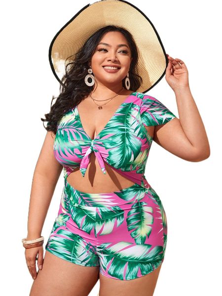 

plus tropical print knot front one piece swimsuit l6sb#, White;black