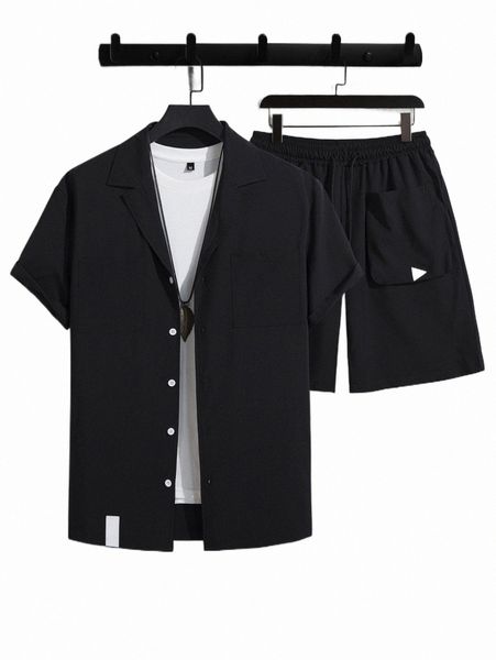 

men patch detail shirt & drawstring waist shorts without tee d8fv#, Gray